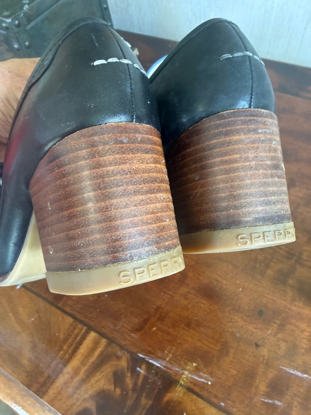 Sperry Black Leather Penny Loafers with Stacked Brown Heel 9.5 - Picture 11 of 16